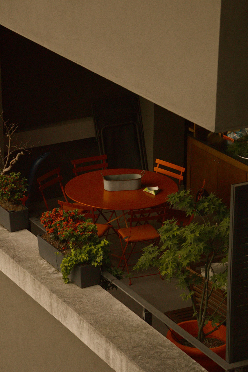 A round orange table with chairs on a balcony with potted plants, Ultra