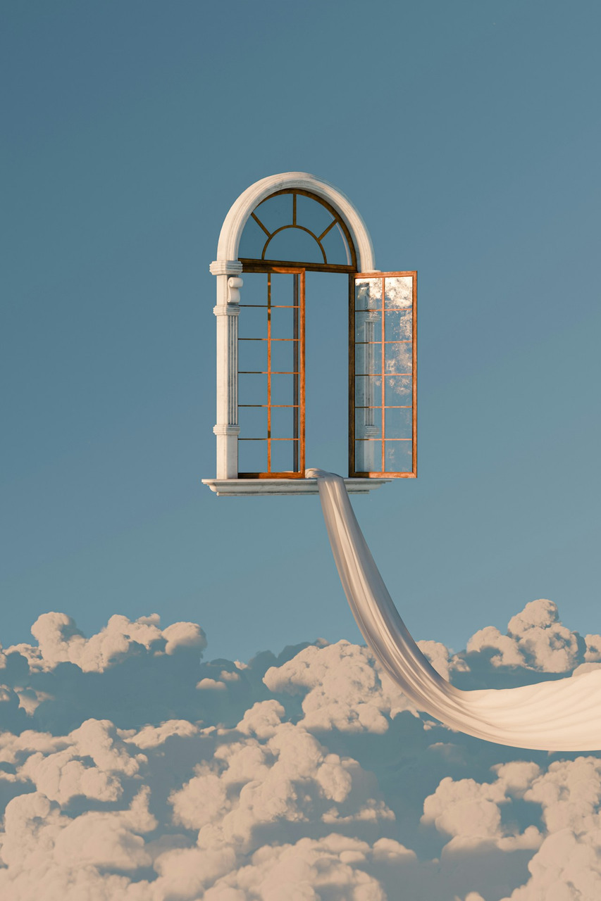 An open window floats above clouds with a flowing path, Ultra